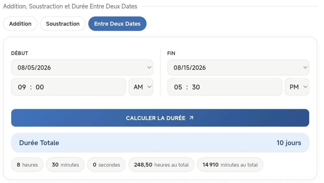 Calcul de la durée entre deux dates avec Calculette Mauricette Heure