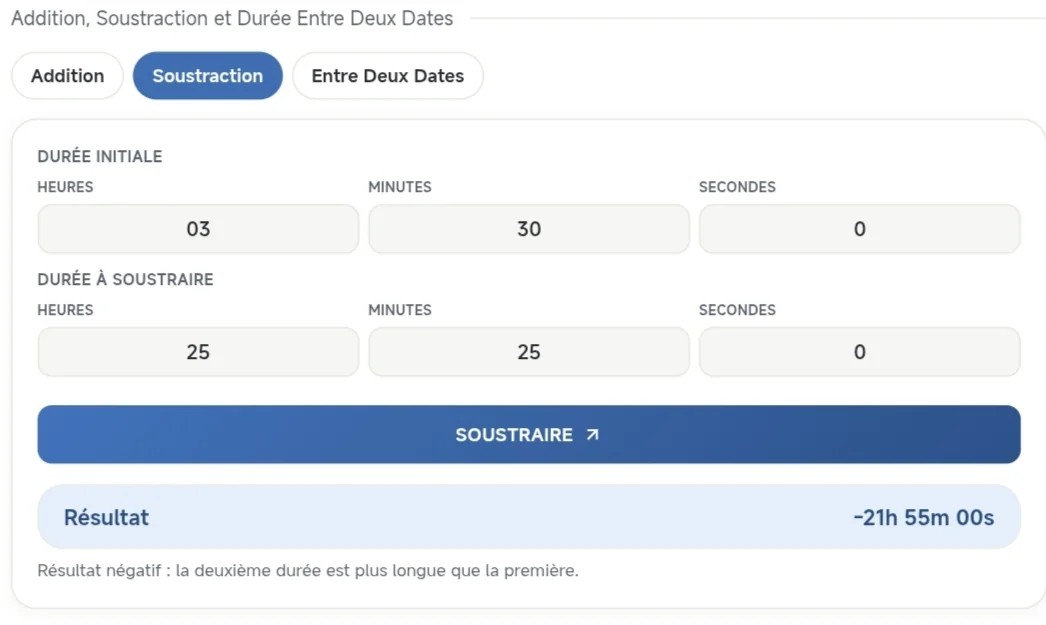 Soustraction de durées en heures, minutes et secondes avec Mauricette Calculatrice
